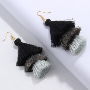 Three-Layer Hook-Style Tassel Earrings Black Gray